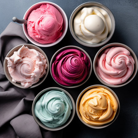 Variety of colorful ice cream in bowls over grey background. Top viewの素材