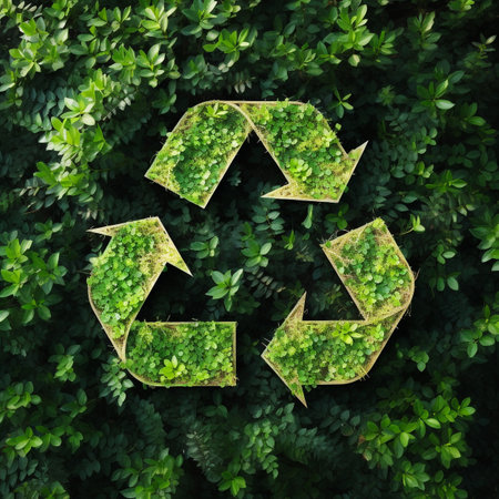 Recycling sign made of grass and leaves, environment concept.の素材