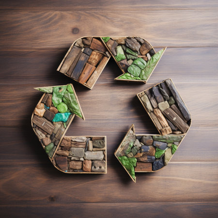 Recycling symbol made of wood and stone on a wooden backgroundの素材