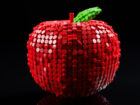 Red apple with green apple in the shape of a heart on a black backgroundの素材