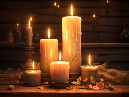 Burning wax candles on wooden background with dry flowers and leaves.の素材