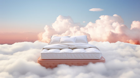 Bed with pillows against bright blue sky over the clouds 3dの素材