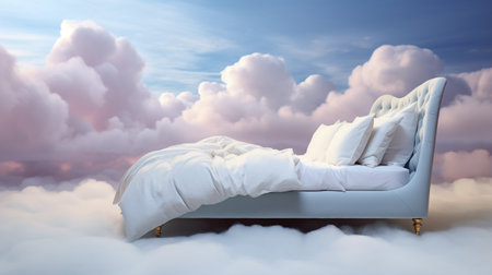 Comfortable bed with pillows against cloudy sky over clouds in roomの素材