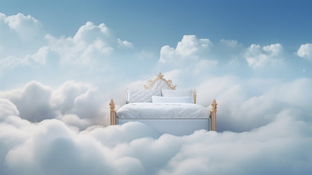3d rendering of a white bed in the clouds with a golden crownの素材