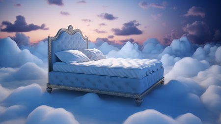 Double bed in the clouds against blue sky with clouds 3d renderの素材