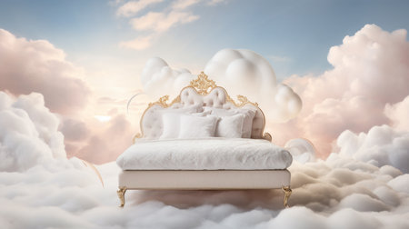 Composite image of soft white sofa against clouds in the skyの素材