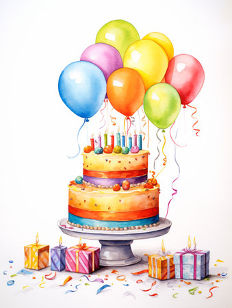Birthday cake with colorful balloons and gift boxes on white background.の素材
