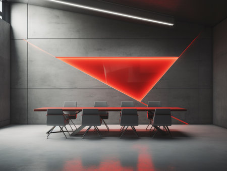 Modern conference room interior with red abstract screen. Mock up, 3D Renderingの素材