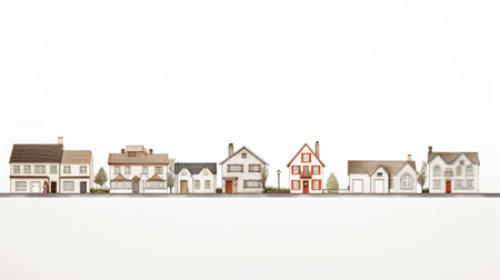 A row of houses on a white background with space for text.の素材