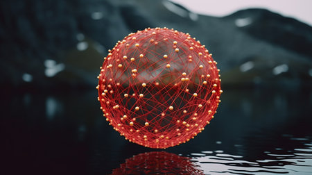 3d rendering of a red sphere on the surface of the waterの素材