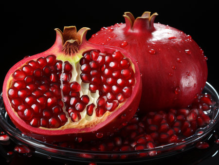 Juicy pomegranate on a black background close-upの素材