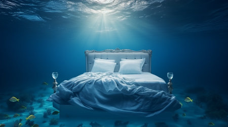 Double bed in the sea. Underwater scene. 3d renderの素材