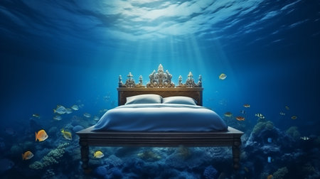 Double bed with king crown in underwater world. 3D rendering.の素材