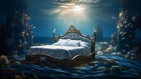 3d illustration of a luxury double bed in the underwater world.の素材