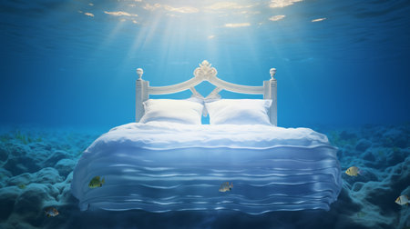 Composite image of bed in the ocean with sunlight shining throughの素材