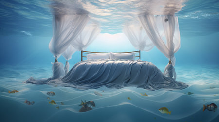3d illustration of a bed in the sea under the white fabricの素材