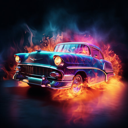old car in flames on a dark background. 3d illustration.の素材