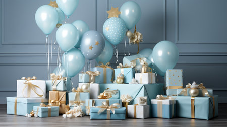 Blue and white presents with balloons and ribbons. 3d renderingの素材