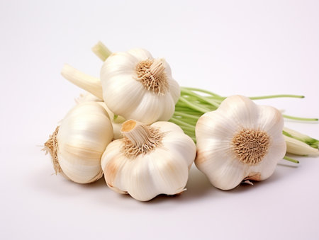 Garlic on a white background. Garlic bulb and garlic cloves.の素材