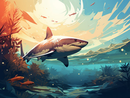underwater scene with shark swimming in the ocean vector illustration EPS10の素材
