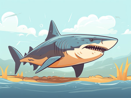 Cartoon shark on the seashore. Vector illustration in flat styleの素材