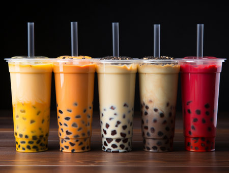 Iced Thai Milk Tea with Bubbles in Plastic Cups on Wooden Tableの素材