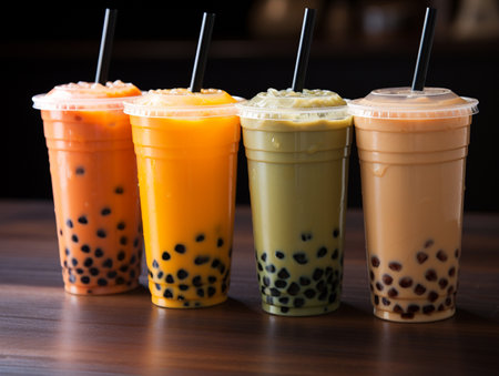 Iced Thai Milk Tea with Bubbles in Plastic Cups on Wooden Tableの素材