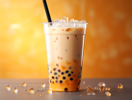 Iced Thai Milk Tea with Bubbles on Yellow Background. Closeupの素材