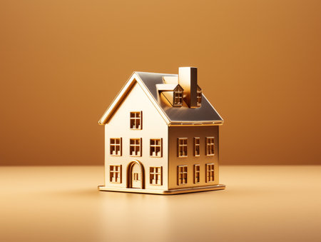 3d rendering of a house with a gold roof on an orange backgroundの素材