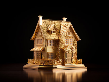 Golden house on a black background. 3d rendering. Computer digital drawing.の素材