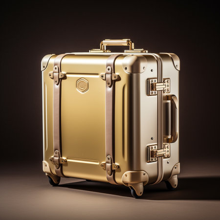 Golden suitcase on a dark background. 3d rendering toned imageの素材