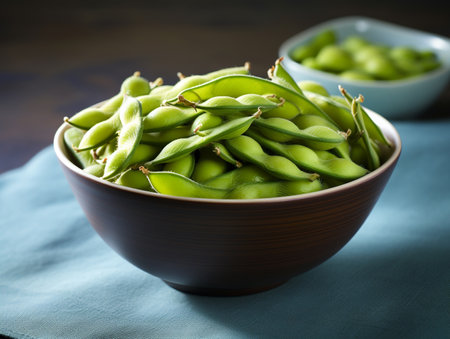 Green soybeans in a bowl on a blue cloth. Selective focus.の素材