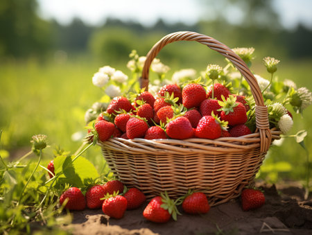 Strawberry in a basket on a background of green grass.の素材
