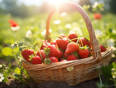 Strawberries in a wicker basket on a background of green grassの素材