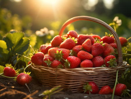 Strawberries in a wicker basket on the field in the sunset lightの素材