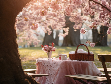 Picnic in the park with cherry blossoms and picnic basket on the tableの素材
