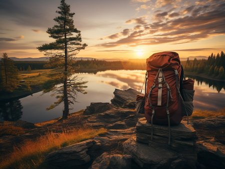 Hike in the mountains with a backpack and tent. Sunset.の素材