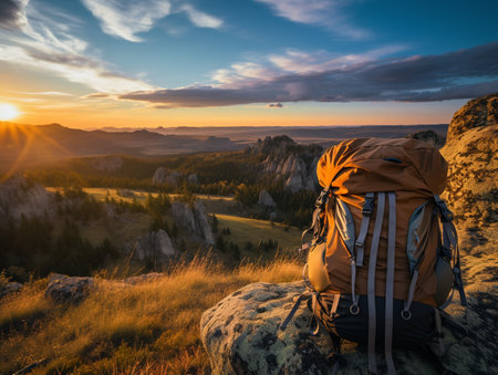Hike in the mountains at sunset. Landscape with a backpack.の素材