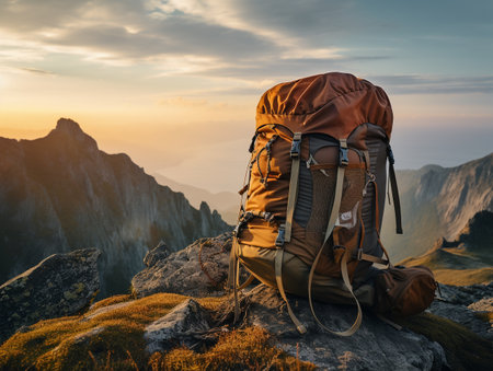 Hiking backpack on the top of the mountain at sunset. Travel conceptの素材