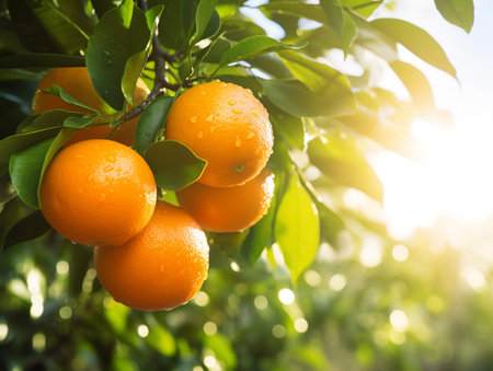 Ripe tangerines on the tree in the orchard.の素材