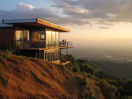 Luxury house on the top of the mountain at sunset.の素材