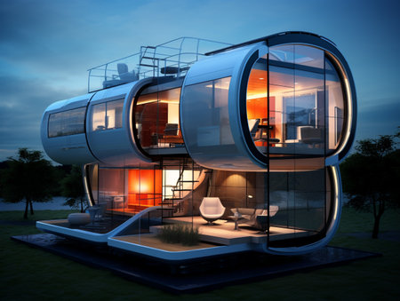 Modern design of a house in the evening. 3D rendering.の素材