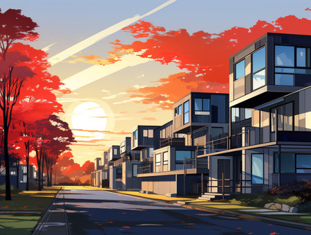 Modern apartment buildings in the city at sunset. Vector illustration for your designの素材