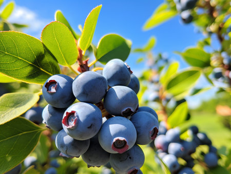Ripe blueberries on the branches of a bush against the blue skyの素材