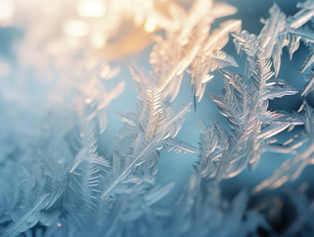 Close-up of frosty patterns on window glass. Winter backgroundの素材