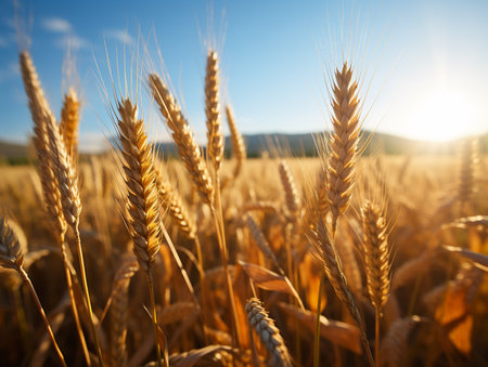 Wheat field. Ears of golden wheat close up. Beautiful Nature Sunset Landscape.の素材