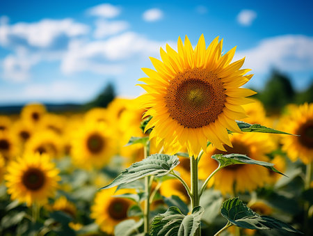 Field of sunflowers on the background of blue sky with cloudsの素材