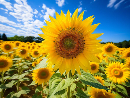 Sunflower field with blue sky and white clouds, natural background.の素材