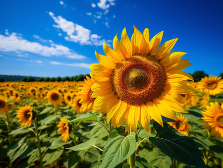 Sunflower field on a background of blue sky and clouds. Summer landscape.の素材