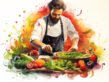 Handsome man cooking in the kitchen. Colorful watercolor backgroundの素材